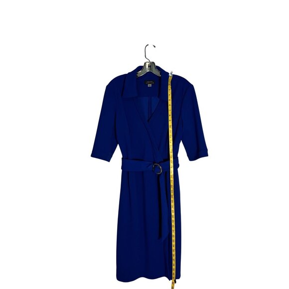 Tahari Arthur S. Levine Blue Belted Midi Faux Wrap Dress Collared Neck - Picture 8 of 11